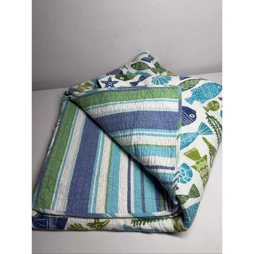 Vintage Sea Life Reversible Cotton Quilt 89”x89” 3 Piece Set See Description